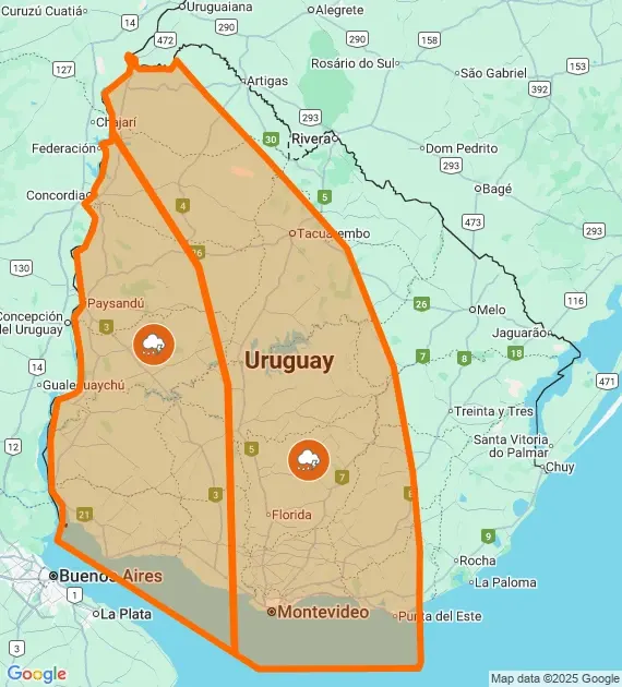 Mapa de la advertencia naranja Inumet con zonas afectadas por tormentas severas
