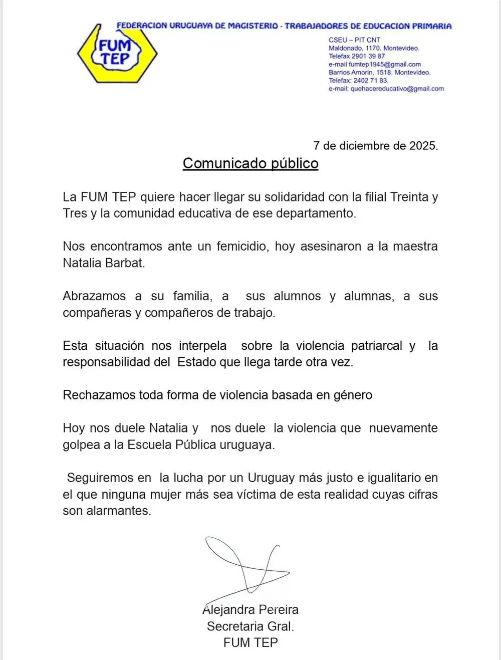 Comunicado de FUM TEP por el femicidio de la maestra Natalia