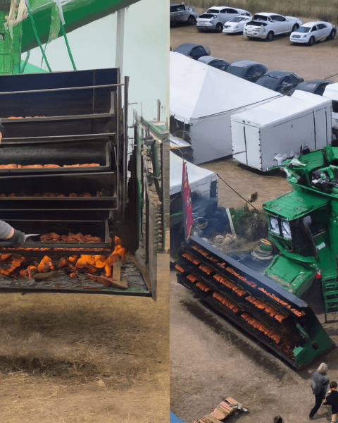 Asado en cosechadora: parrilla montada sobre maquinaria agrícola en el festival menonita