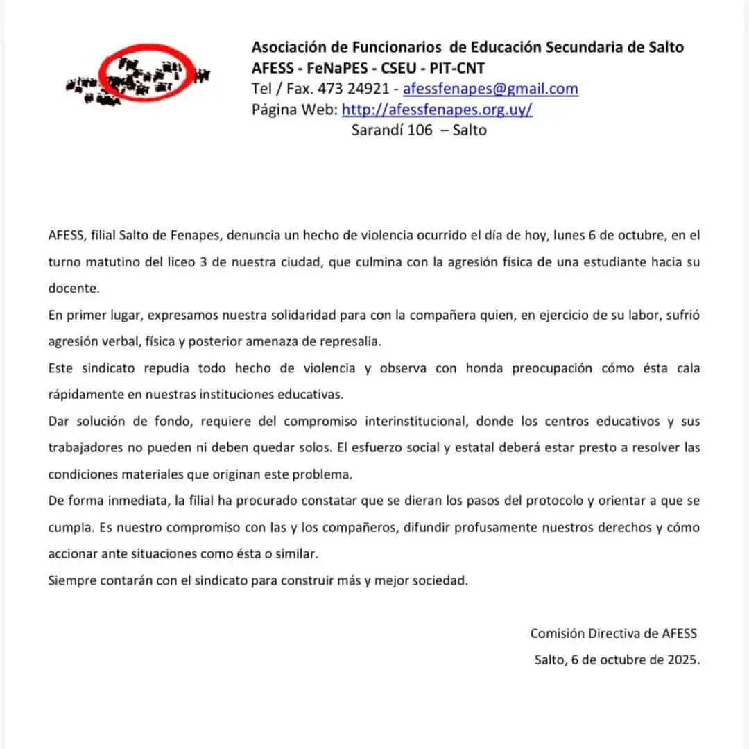 Dichiarazione del sindacato degli insegnanti AFESS-FENAPES sull&#39;aggressione a un insegnante a Salto, in cui si denuncia la violenza nelle scuole e si chiedono misure urgenti.