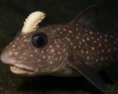 Peixe-rato macho com tenáculo; peixe com dentes na cabeça observado em um estudo recente.