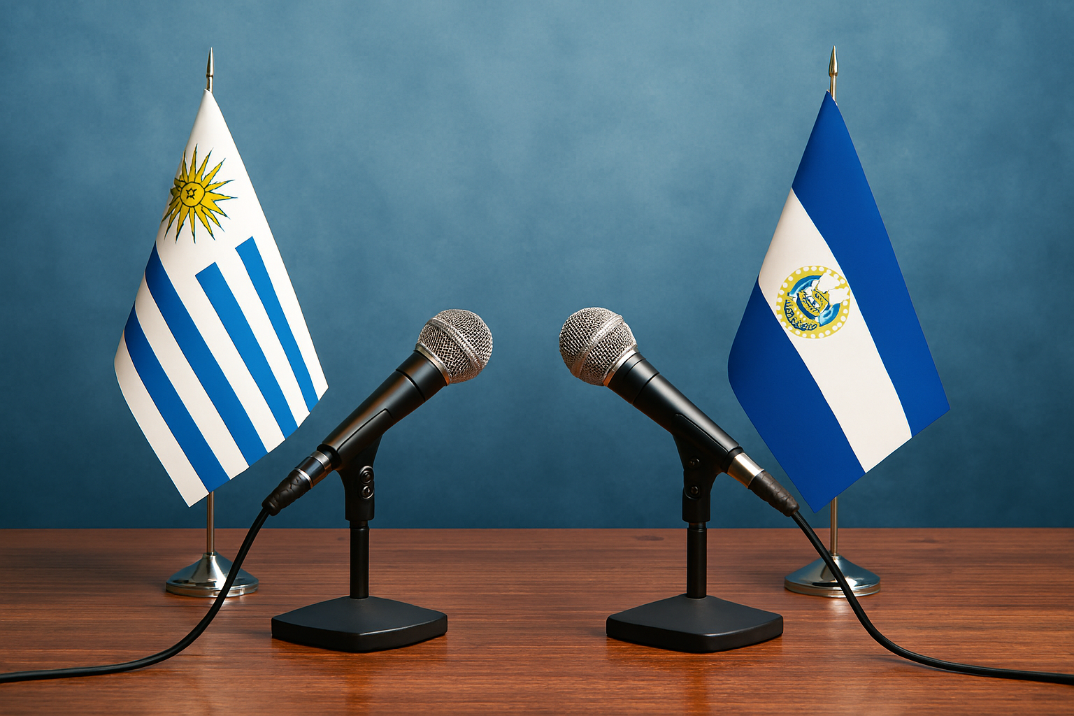 Mesa de diálogo con banderas de Uruguay y El Salvador, simbolizando el debate entre Orsi y Bukele sobre seguridad.
