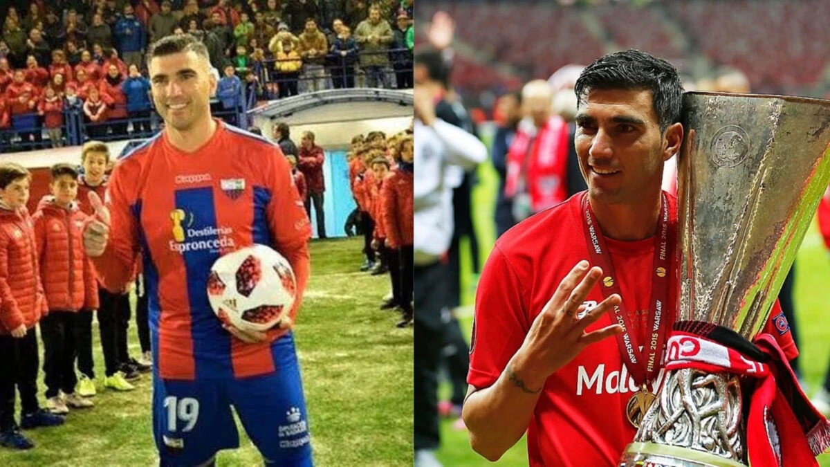 Jugadores de Extremadura y Sevilla disputan un intenso partido de la Copa del Rey.