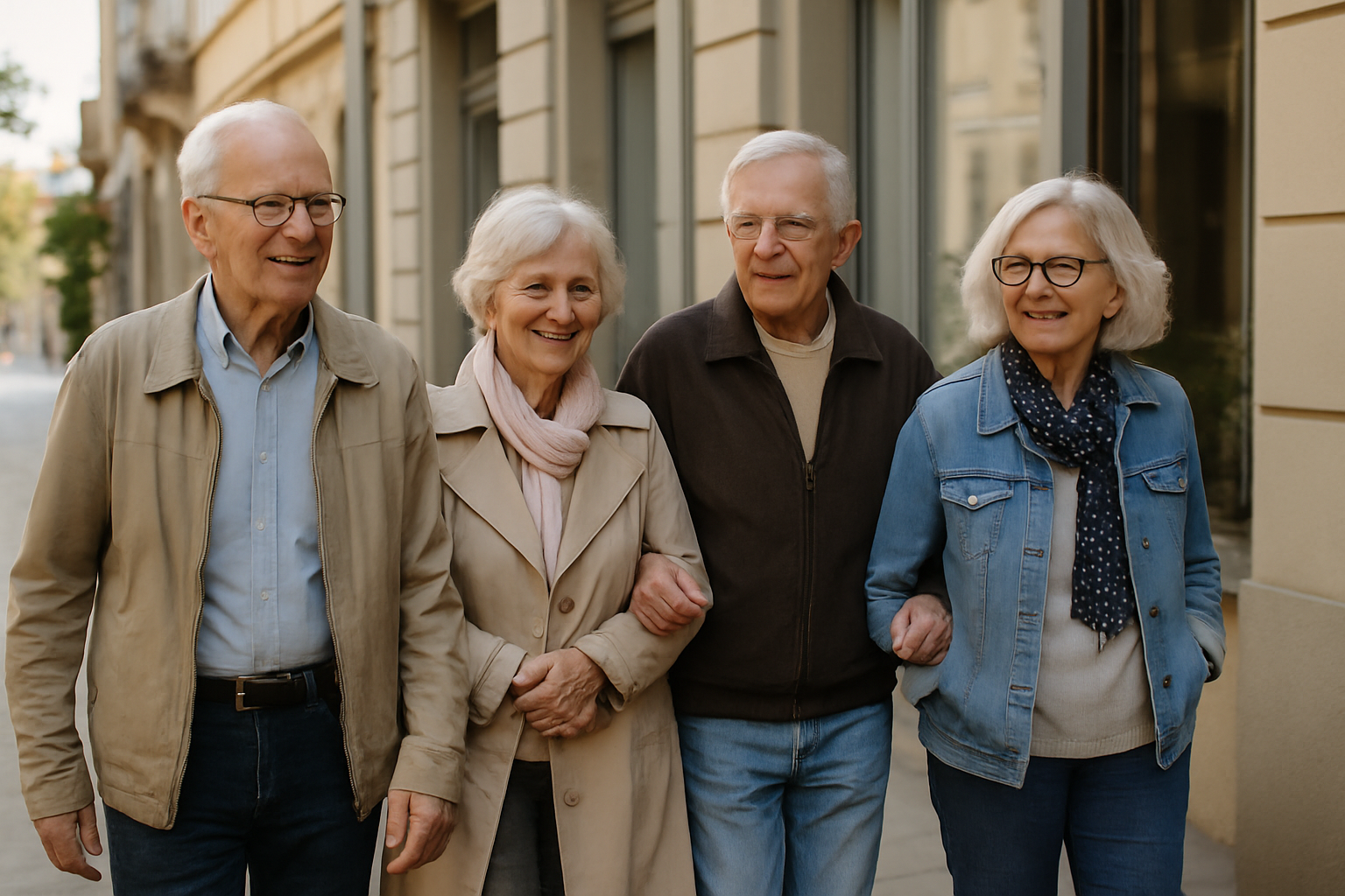 Personas mayores caminando juntas en un parque montevideano durante una tarde tranquila