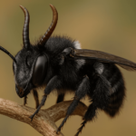 Abeja Lucifer australiana con cuernos recolectando polen en una flor silvestre