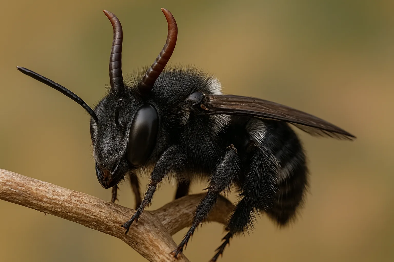 La abeja Lucifer, descubierta en Australia, destaca por sus cuernos únicos y su relevancia para la conservación de la biodiversidad. Abeja Lucifer australiana con cuernos recolectando polen en una flor silvestre