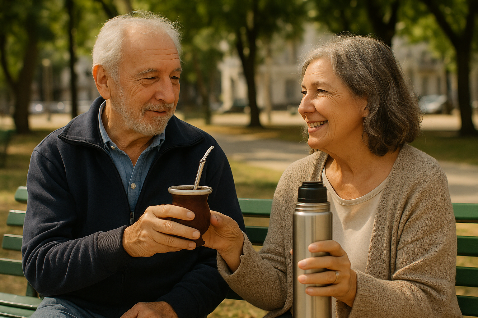 Pareja mayor uruguaya disfrutando un paseo tranquilo mientras vive una etapa de amor tardío