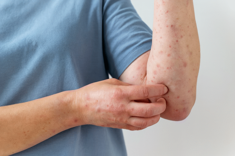 Brazo con erupción cutánea asociada al sarampión observado en etapa inicial
