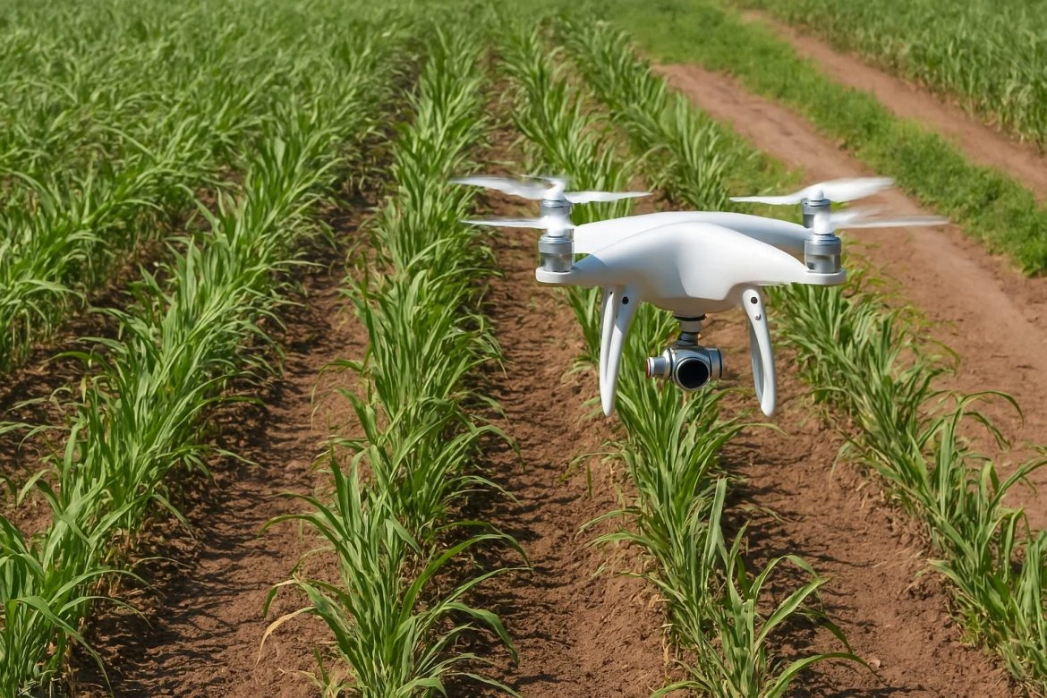 Dron sobre plantación de caña de azúcar detectando fallas en la siembra