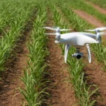 Dron sobre plantación de caña de azúcar detectando fallas en la siembra