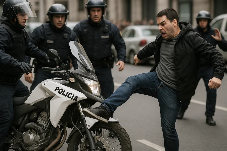 Policía inspecciona la motocicleta dañada tras el episodio de desacato en Maldonado.