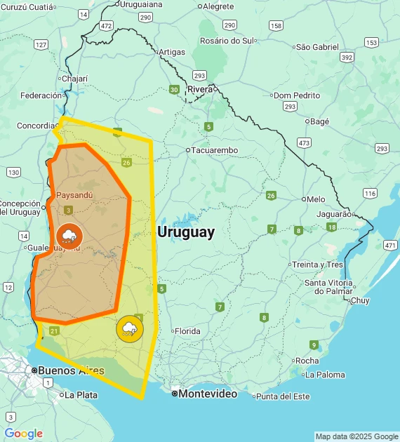 Mapa de Uruguay con los departamentos bajo alerta naranja y amarilla emitida por Inumet.