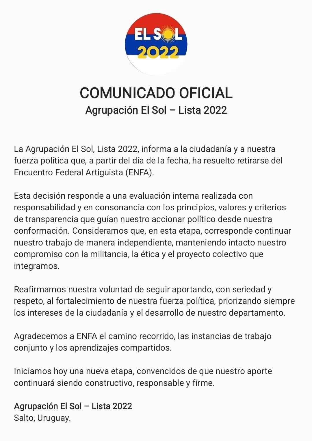 Lista 2022 publica comunicado político en Salto