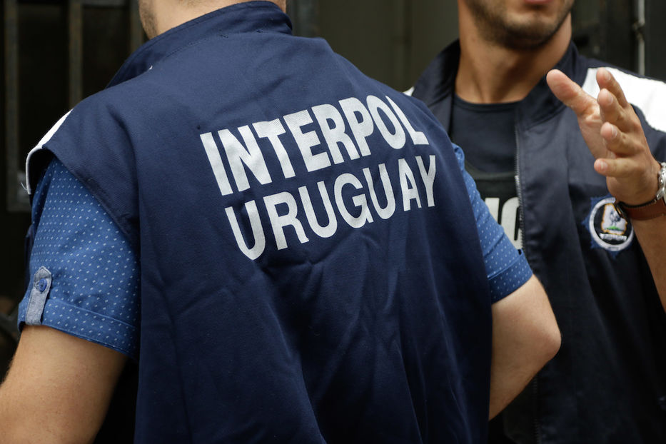 Logotipo de Interpol sobre fondo azul institucional, vinculado a denuncia por audios filtrados en Salto.