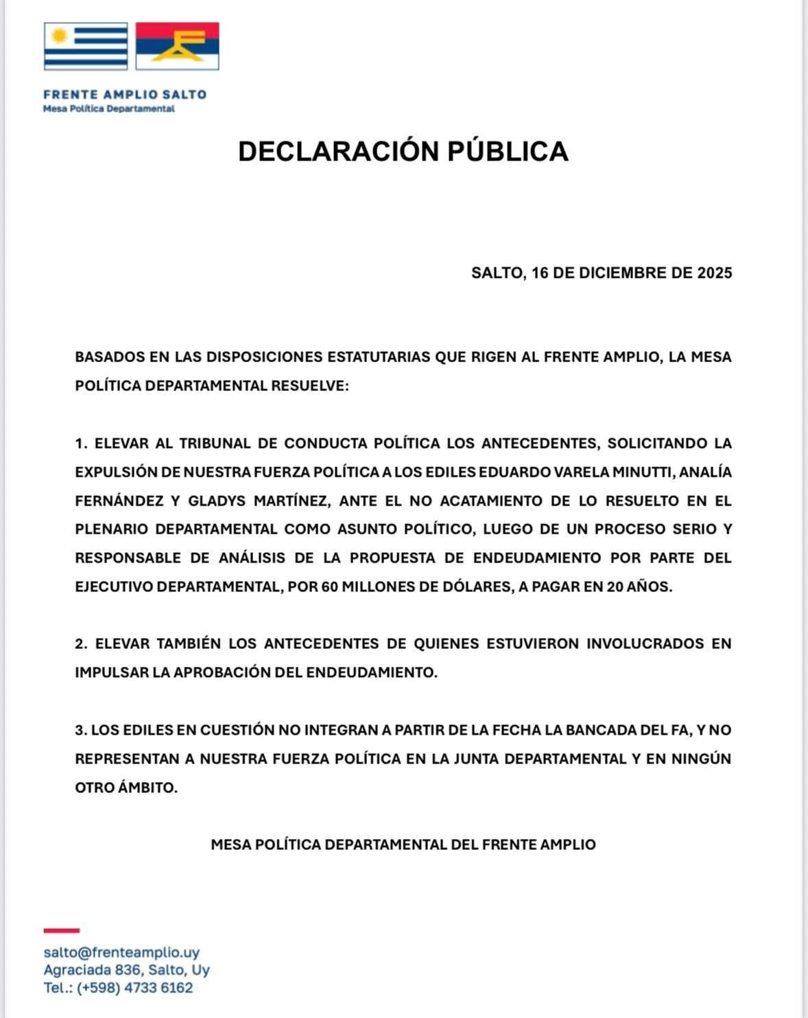 Comunicado de la Mesa Política que confirma la crisis Frente Amplio en Salto