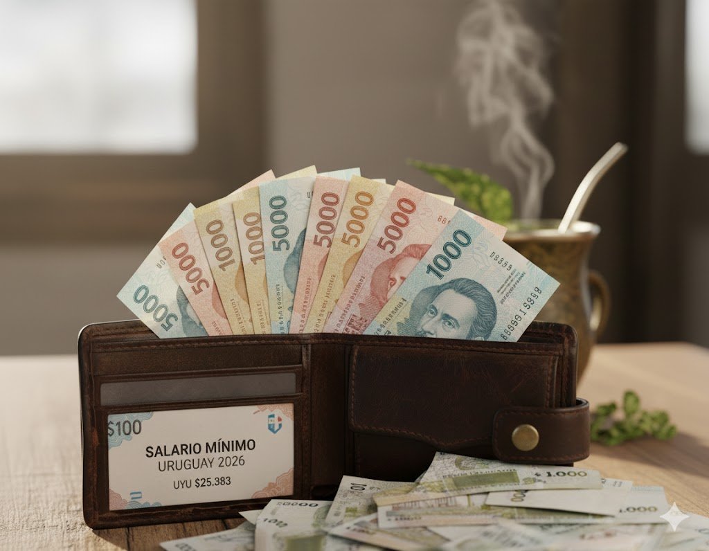 Billete uruguayo representando el salario mínimo en uruguay