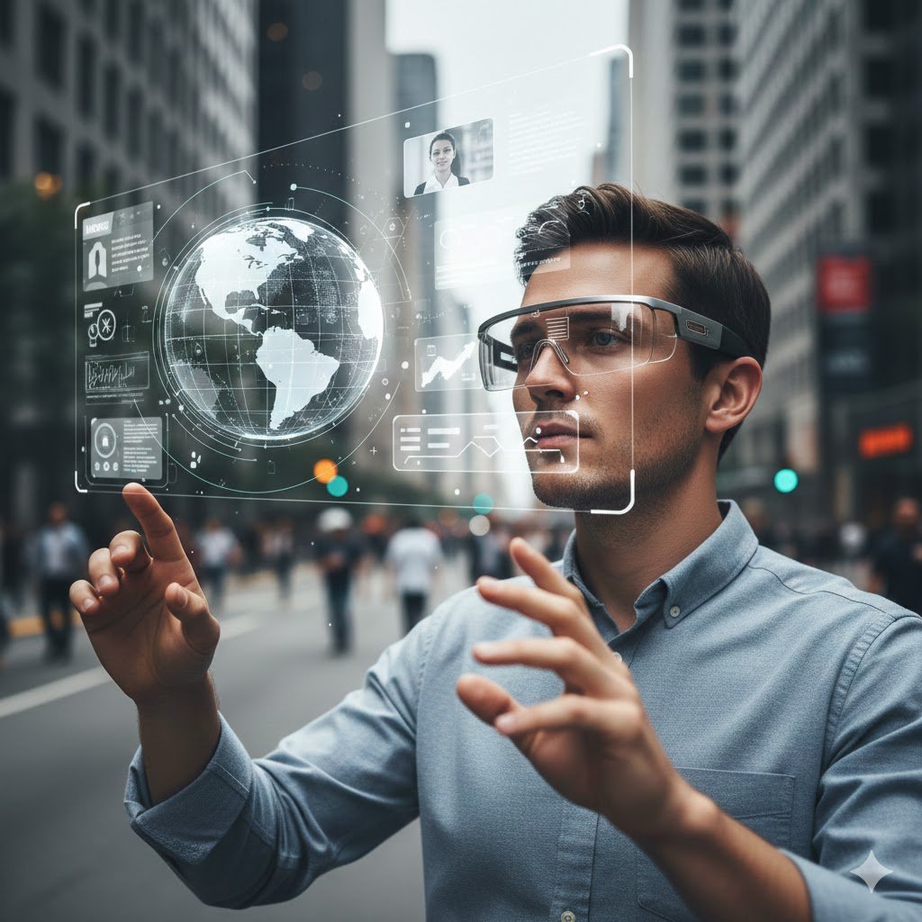 Hombre usando gafas de realidad aumentada interactuando con hologramas, el futuro reemplazo de los smartphones.