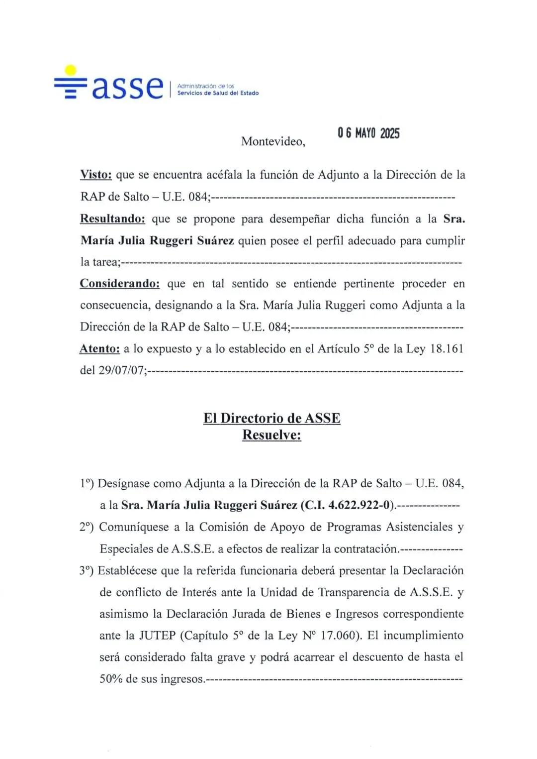 Acomodo del Frente Amplio: la esposa de Luis Alonso obtiene cargo jerárquico 4 Resolución del acomodo del Frente Amplio