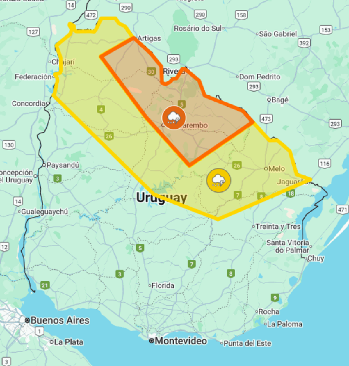 Mapa de riesgo por tormentas fuertes en Uruguay