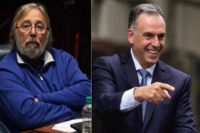 Imagen partida que muestra la Torre Ejecutiva y un plano de vivienda, vinculando la crisis de prohibir monoambientes con la gestión de Orsi.