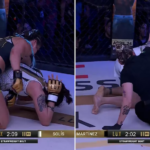 La luchadora argentina Julieta Martínez en UFC, conocida como Ninja Ferret, festejando su victoria por nocaut técnico en el evento LUX 059.