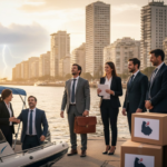 Empresarios argentinos analizando la tributación amigable en Uruguay frente a la rambla de Montevideo.