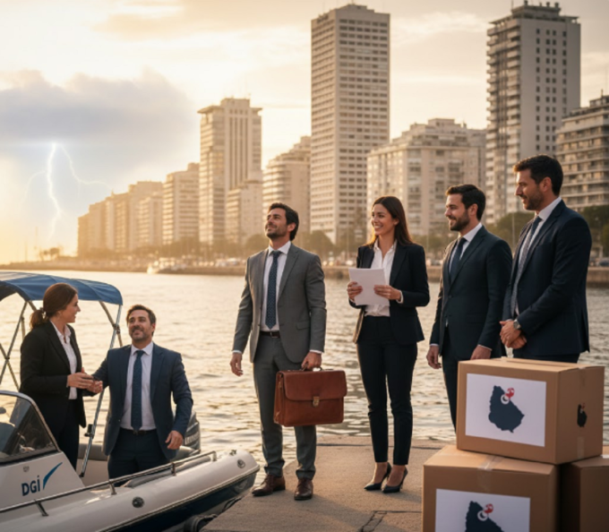 Empresarios argentinos analizando la tributación amigable en Uruguay frente a la rambla de Montevideo.