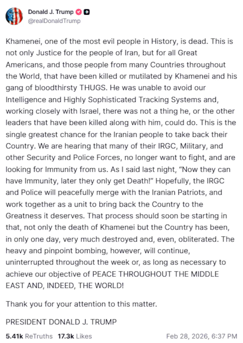 Captura de pantalla del mensaje de Donald Trump en Truth Social confirmando la muerte de Ali Khamenei