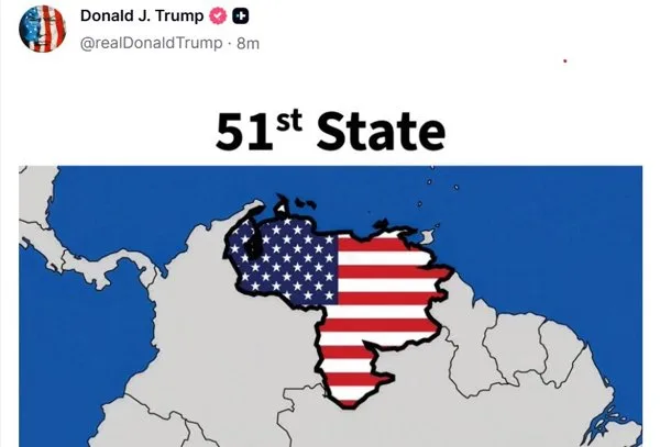 Trump presenta un mapa de Venezuela como el 51º estado de EE.UU. con su bandera pintada