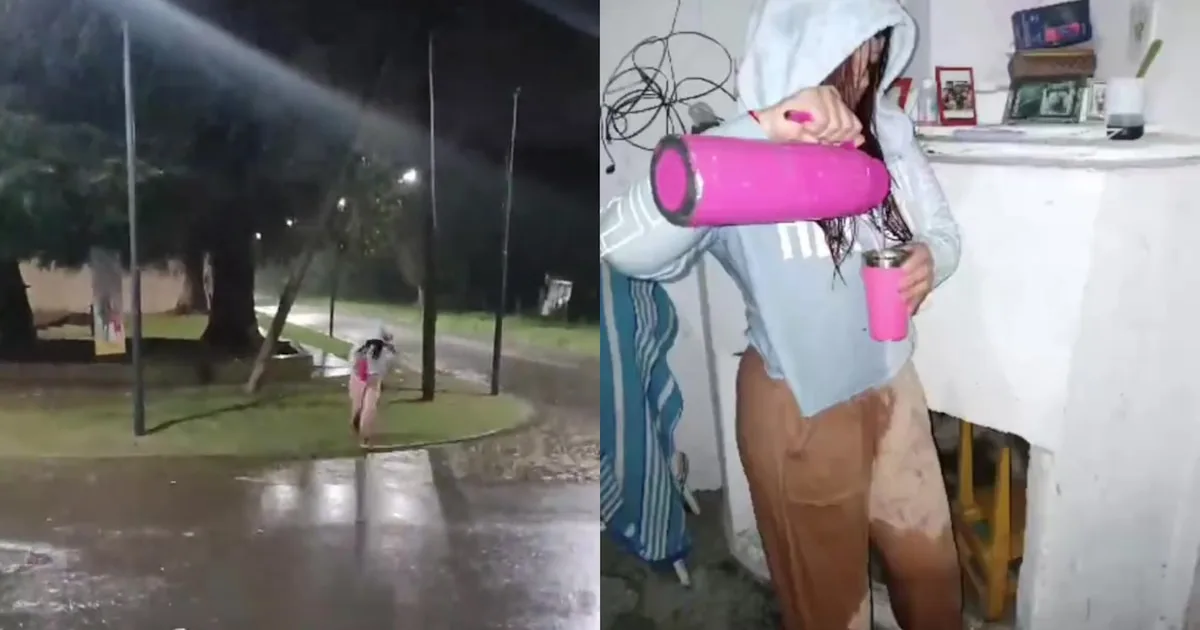 La joven uruguaya resbala bajo la lluvia, pero su mate permanece intacto