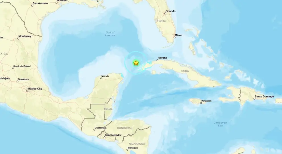Mapa geográfico mostrando el epicentro del sismo frente a Pinar del Río, Cuba