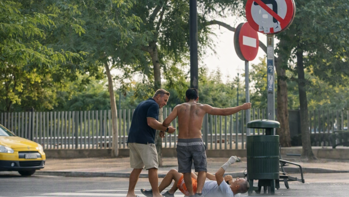 Agentes policiales acordonan la zona donde ocurrió la brutal paliza en San Marcelino contra un vecino en Valencia.