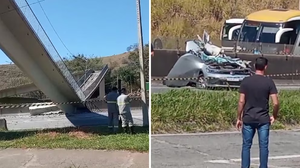 Restos del vehículo destruido después de que la pasarela se desplomó en San Pablo sobre la carretera BR-381
