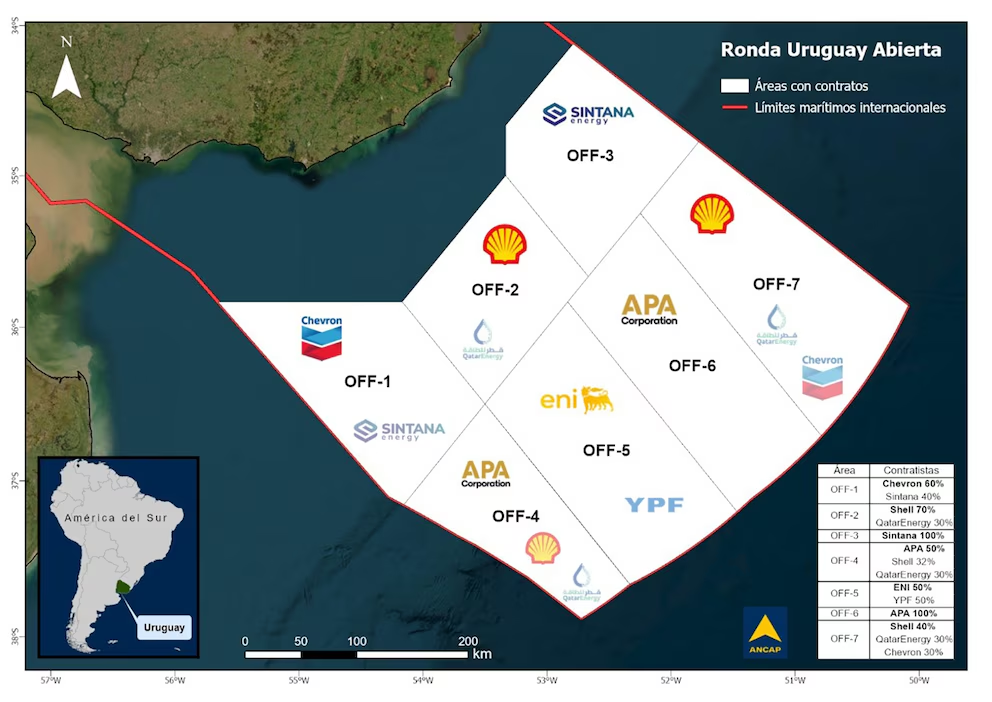 Mapa del bloque marítimo OFF-5 para la exploración petrolera en Uruguay por ANCAP, ENI e YPF.