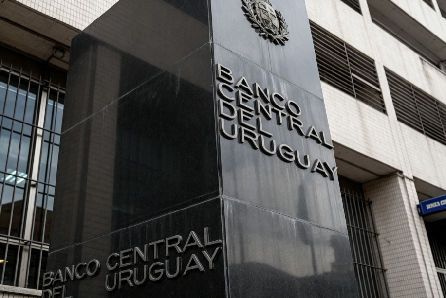 Monedas de peso uruguayo y billetes de dólar estadounidense sobre una superficie plana.
