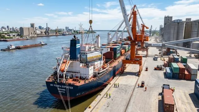 Barco de carga en un puerto agroindustrial argentino realizando la carga de granos y subproductos para exportación.