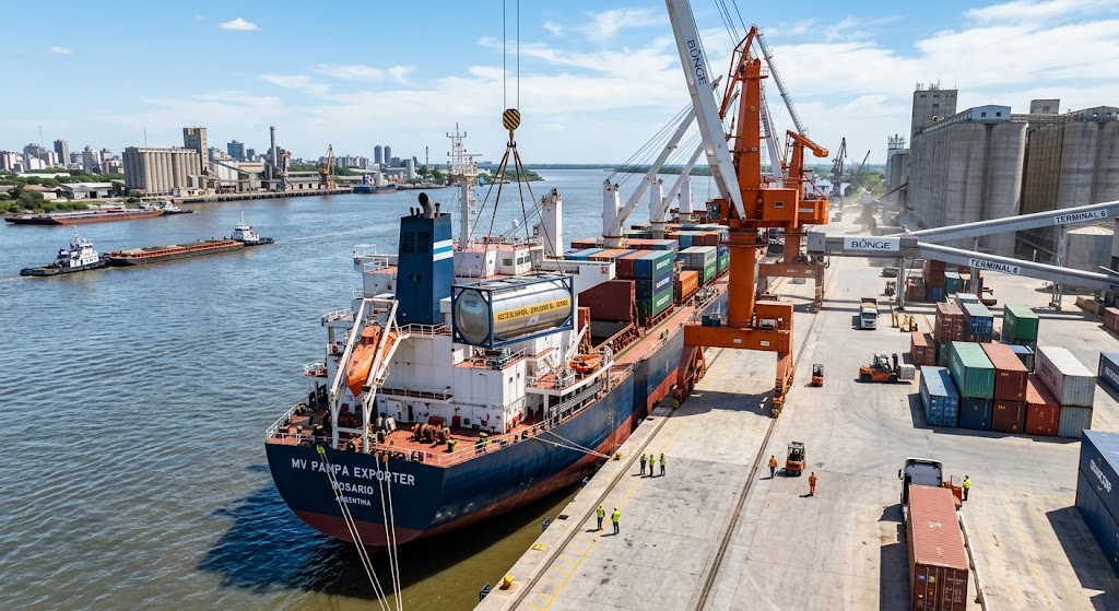 Barco de carga en un puerto agroindustrial argentino realizando la carga de granos y subproductos para exportación.