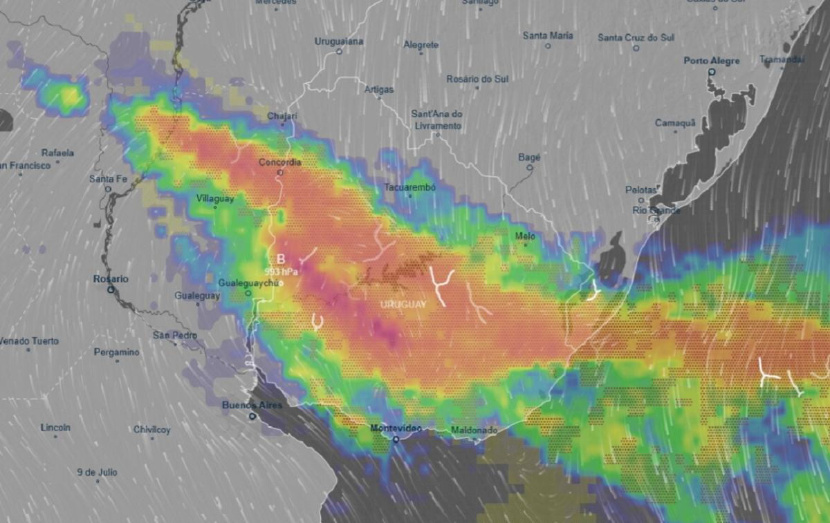 Mapa de modelos numéricos para el evento donde Metsul advierte por lluvias extremas e inundaciones.