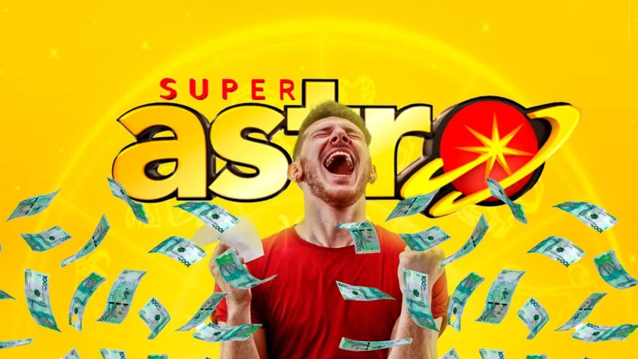 Balotas numeradas y elementos gráficos del sorteo nocturno Super Astro Luna.