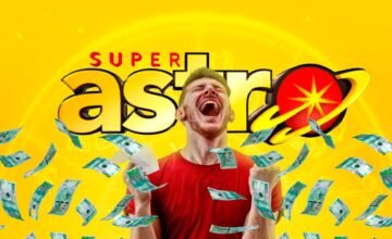 Balotas numeradas y elementos gráficos del sorteo nocturno Super Astro Luna.