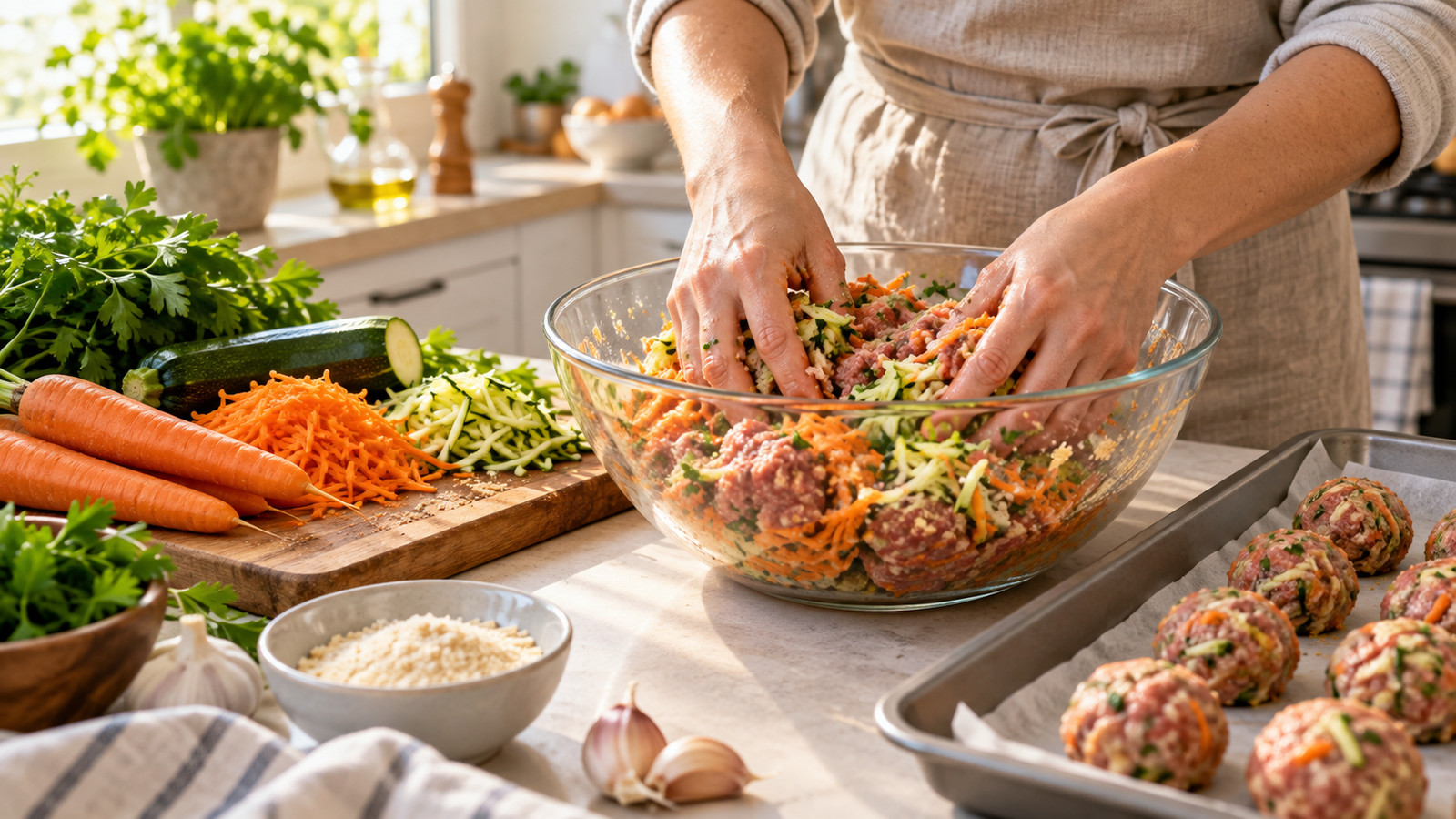 Preparación de albóndigas caseras con verduras ralladas en la cocina