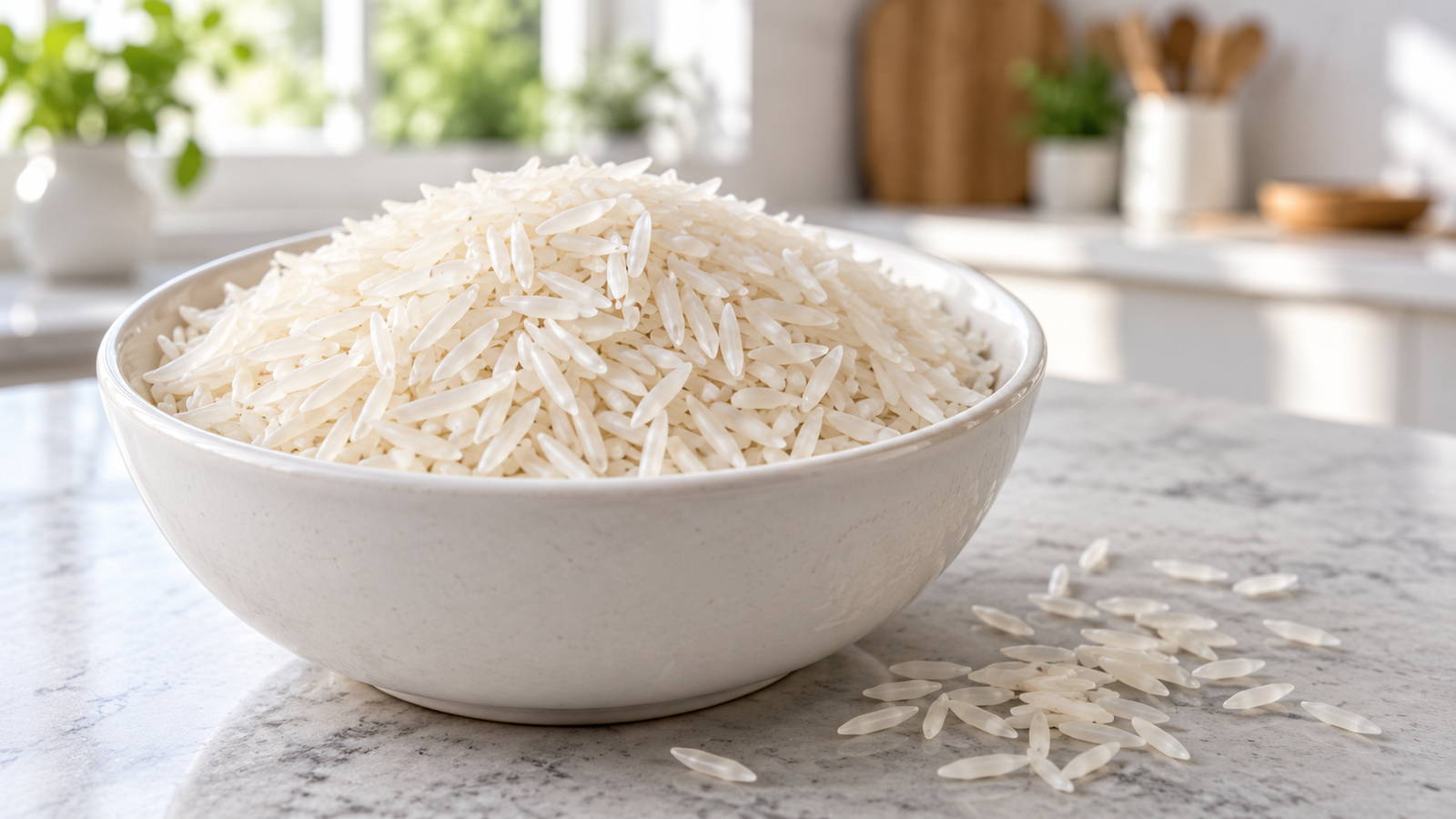 Granos de arroz blanco de grano largo en un recipiente de cocina.