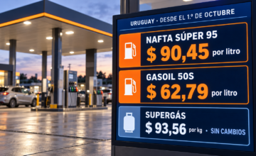 Estación de servicio con cartelera digital mostrando precios de nafta y gasoil.