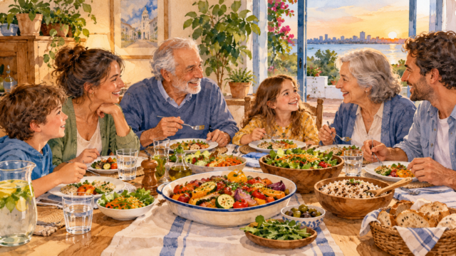 Familia compartiendo una cena saludable con verduras en la mesa.