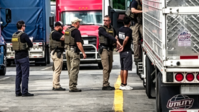 Agentes del ICE realizando la inspección de un camión de carga en una autopista.