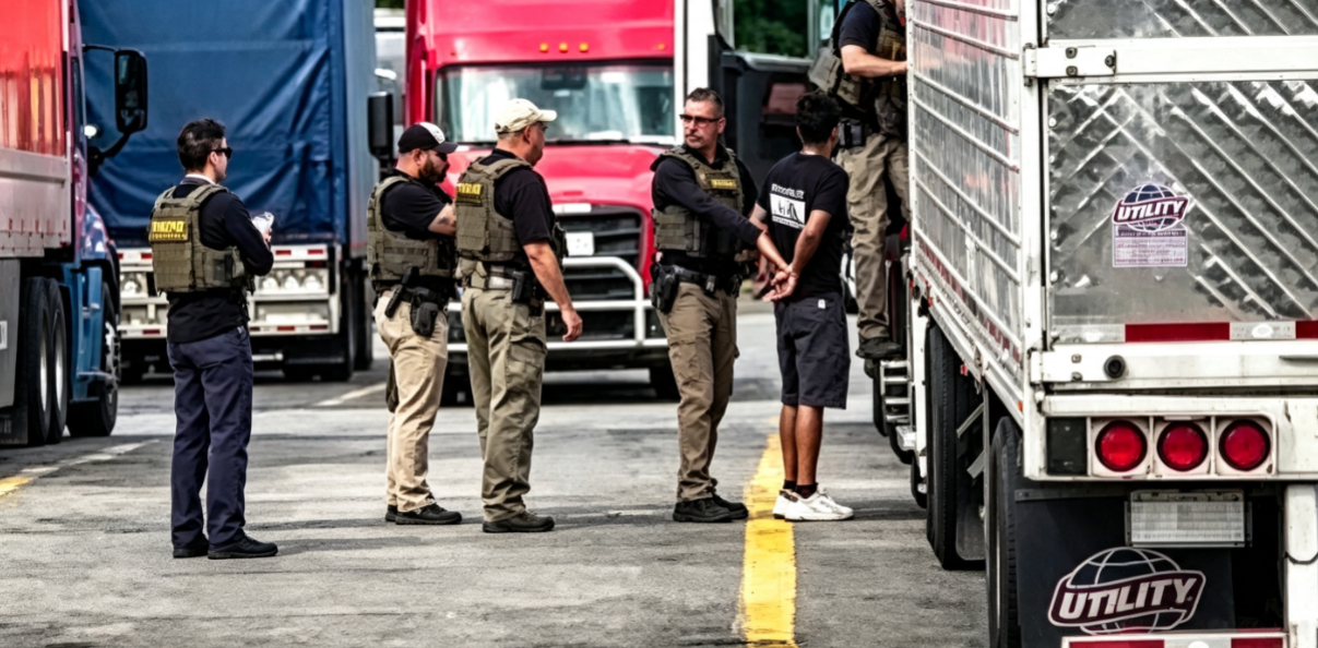 Agentes del ICE realizando la inspección de un camión de carga en una autopista.