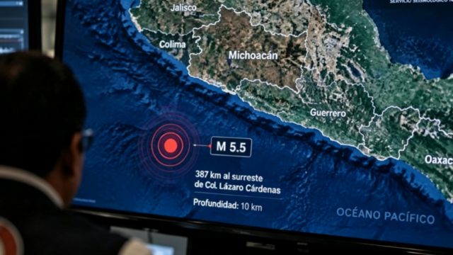 Mapa de localización del epicentro del sismo de 5.5 frente a la costa de Michoacán.