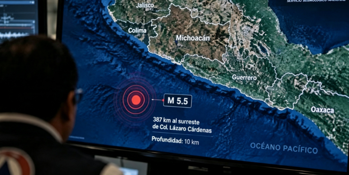 Mapa de localización del epicentro del sismo de 5.5 frente a la costa de Michoacán.