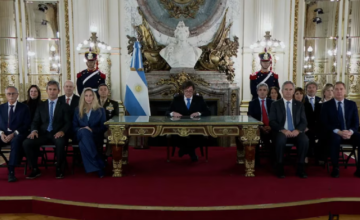 El presidente Javier Milei durante un acto oficial refiriéndose a la causa Malvinas.