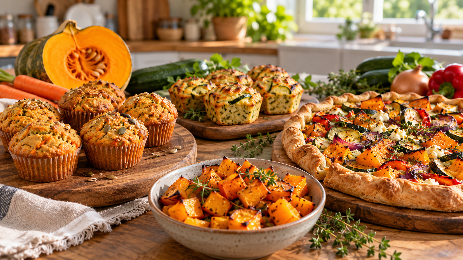 Variedad de muffins y preparaciones caseras con calabaza y vegetales